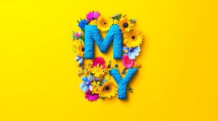 Textured blue "MY" surrounded by vibrant wildflowers on a sunny yellow background