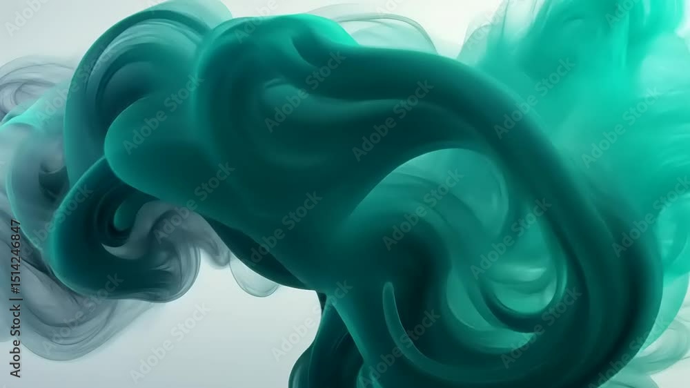 Poster abstract turquoise smoke simulation, fluid art motion graphic background with depth of field