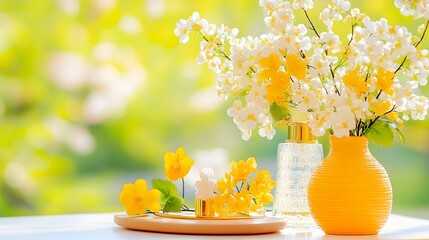 Yellow vase holds delicate white and yellow blossoms; smaller blooms and a clear bottle sit on a wooden tray before a blurred spring background