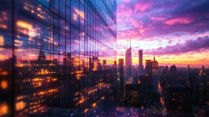 Low-angle perspective of ultra-modern skyscrapers with full-glass curtain walls rising vertically into a richly textured twilight sky, where deep purples blend into soft magentas, creating a 