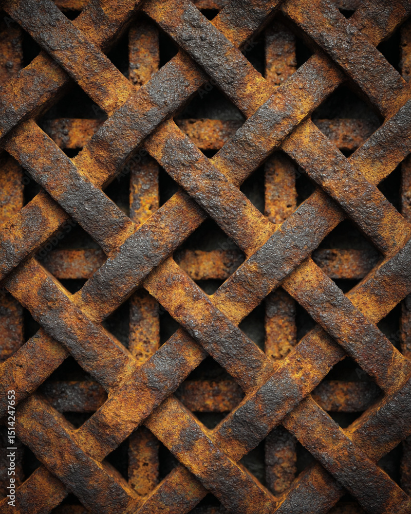 Poster close up of a rusty metal lattice pattern with a diamond shape and dark shadows in the background