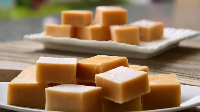Close up of a stack of fudge cubes on a small white dish with a neutral background, on a wooden surface.