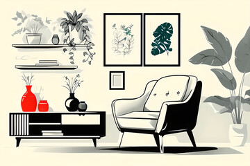 Cozy Mid-Century Modern Living Room In Black And White