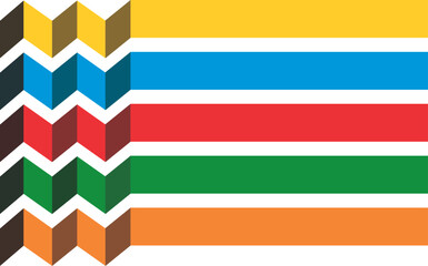 a series of horizontal, multicolored chevron patterns on the left, transitioning into straight bars on the right. creating a dynamic visual