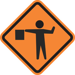 warning sign with a thick black border, a person holding a flag with one arm outstretched, signaling to stop or proceed. This is a common construction or road work sign
