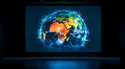 Glowing, stylized Earth projection displayed on a large screen in a dark room, showcasing vibrant continents and energy bursts