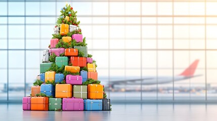 Colorful suitcases and gifts form a Christmas tree in an airport terminal, with a plane visible through large windows