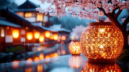 Fototapeta premium Rain-soaked Japanese village at dusk, illuminated by warm lanterns under blossoming cherry trees. Reflective water adds depth