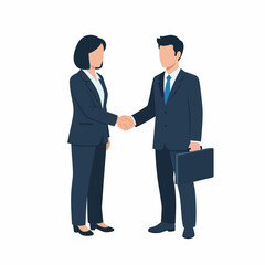 Fototapeta premium Business handshake between man and woman in formal suit, flat vector illustration of corporate partnership, deal, or agreement concept