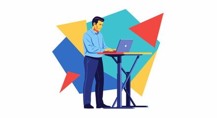Man Working on Laptop Standing at Adjustable Height Desk