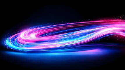 Glowing pink and blue light trails swirl in a dynamic, abstract composition against a dark background, creating a sense of motion and energy