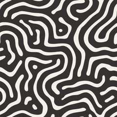 seamless pattern with hand-drawn maze lines, abstract black and white background, curved design, tile, surface, wallpaper