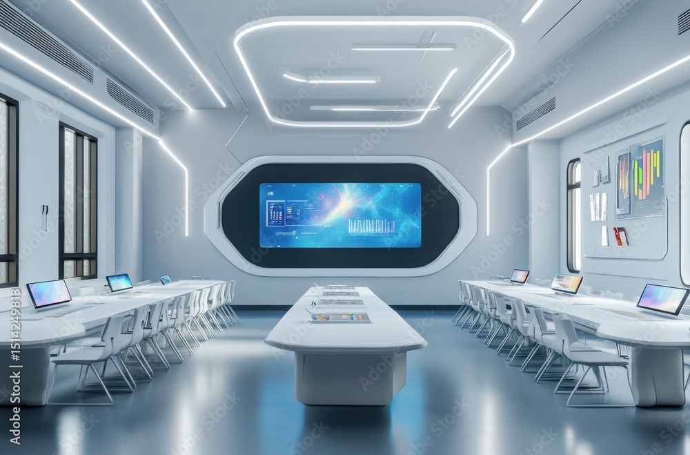 Poster 3d render of futuristic classroom using virtual reality