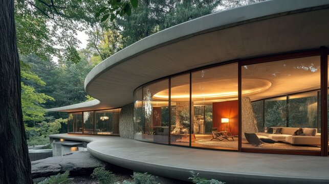 Modern curved home with glass walls, nestled in trees