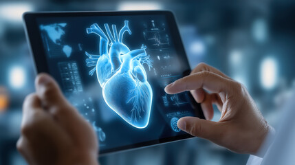 A doctor holds a glowing heart holographic in their hands. The concept of advanced medical technology, cardiology innovation, and digital healthcare solutions. Generative AI.