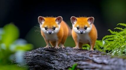 Fototapeta premium Two adorable, bright orange, fox-like creatures with white underbellies sit side-by-side on a dark, damp log in a lush green forest
