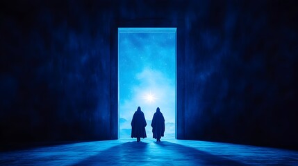 Two cloaked figures walk towards a luminous doorway revealing a celestial landscape, bathed in deep blue hues within a dark, mysterious structure