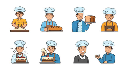 Cartoon Bakers Preparing Bread and Cakes in Various Poses