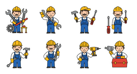 Cartoon Construction Workers and Mechanics with Tools Wrenches Screwdrivers Hammers Drills