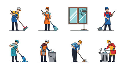 Fototapeta premium Cleaning Service Workers Performing Various Cleaning Tasks