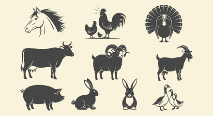Silhouette Illustrations of Farm Animals Horse Cow Rooster Sheep Rabbit and More