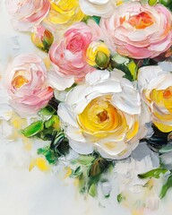 Beautiful bouquet of colorful roses in soft pastel hues.