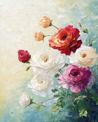 Beautiful bouquet of colorful roses in a soft pastel background.
