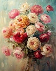 A vibrant bouquet of colorful roses in soft, dreamy hues.