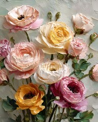 Beautiful arrangement of colorful roses in soft pastels and shades.