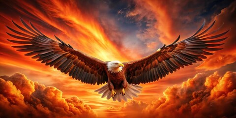 Regal eagle spreads majestic wings against a fiery sky backdrop with feathers ablaze in shades of orange and red, soaring bird, majestic eagle