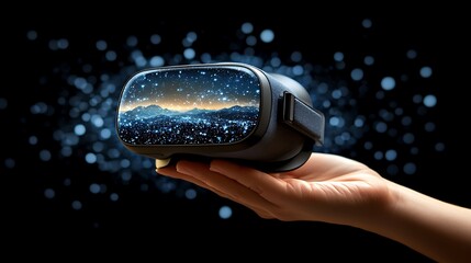 Virtual Reality Headset Displaying a Futuristic Nightscape on a Hand