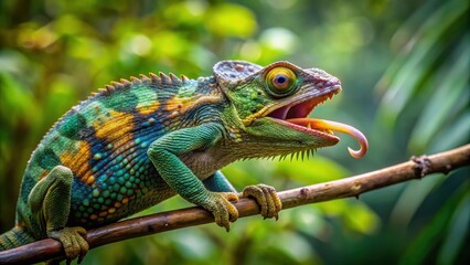 A chameleon's tongue darts in and out of its mouth as it prepares to strike its next meal on a branch in a lush tropical forest, camouflage, wildlife