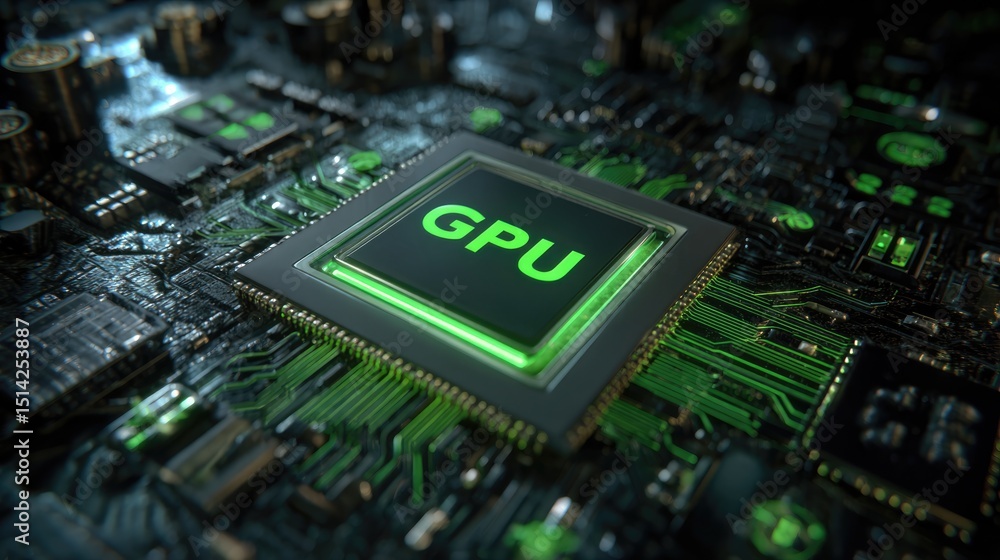 Poster gpu chip closeup: high-resolution close-up of a modern graphics processing unit (gpu) chip, showcasi