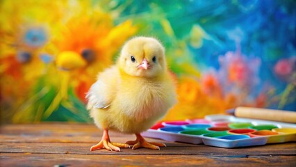 A small yellow chick sits beside a vibrant colorful palette with hues of blue green and red in the background, home decor, art supplies