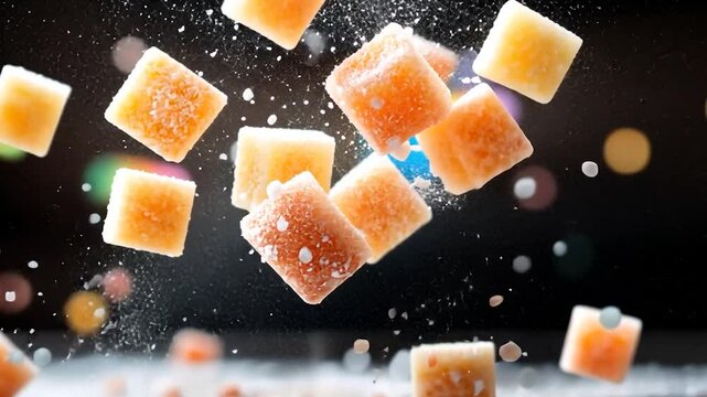 Orange and yellow sugar coated candy cubes levitate against a dark background with blurred colorful lights.  Sweet confectionery in motion