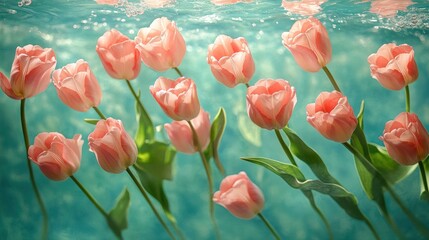 Submerged Serenity: A Symphony of Peach Tulips Under Teal Waters