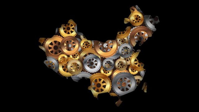 China map gears Chinese industrial mechanism cooperation cogs wheel mechanical complexity animated economy automation