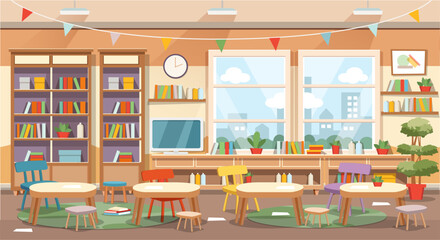 School class or kindergarten interior with kids sitting behind desks. Cartoon style vector illustration.