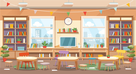 School class or kindergarten interior with kids sitting behind desks. Cartoon style vector illustration.