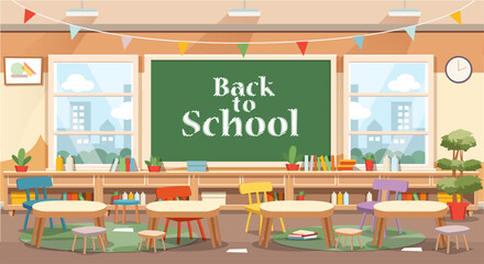 School class or kindergarten interior with kids sitting behind desks. Cartoon style vector illustration.