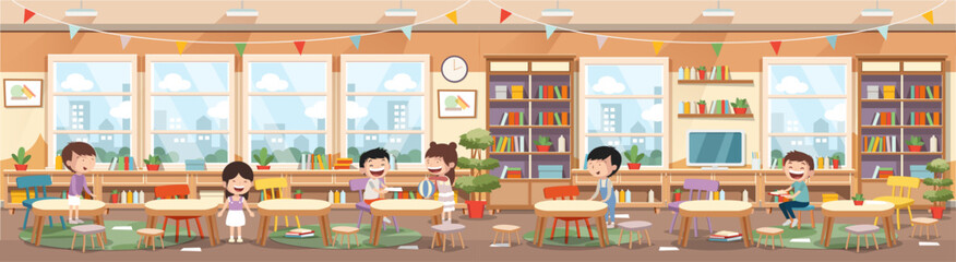 School class or kindergarten interior with kids sitting behind desks. Cartoon style vector illustration.
