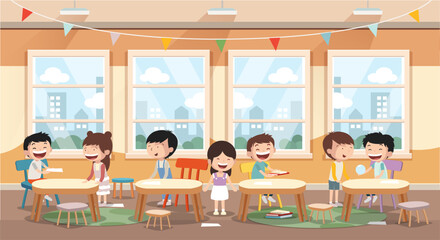 School class or kindergarten interior with kids sitting behind desks. Cartoon style vector illustration.