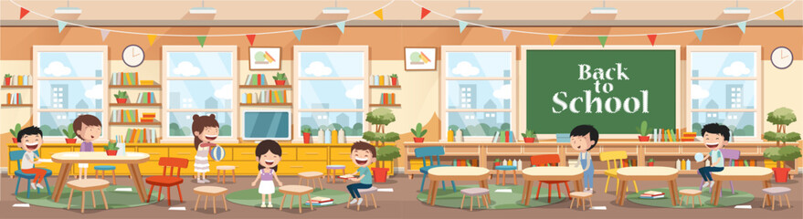 School class or kindergarten interior with kids sitting behind desks. Cartoon style vector illustration.