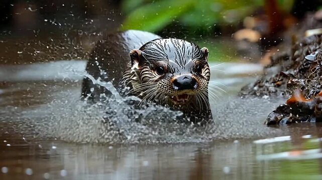 Close-up view of a dark brown otter with visible teeth, emerging from dark-brown water.  The otter is wet and has a serious expression. The background is blurred, showing lush green vegetation