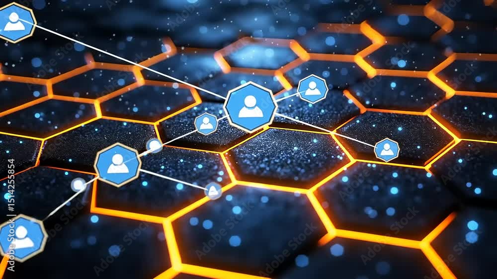 Aufkleber futuristic network connection with hexagonal grid and glowing orange highlights background