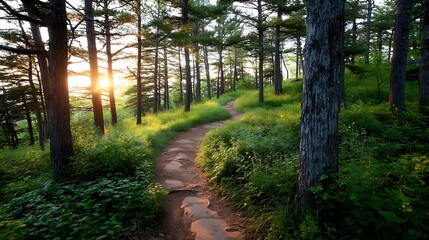 Serene sunset hike winding forest path nature trail