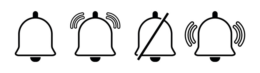 Vector Notification Bell Icon Pack. Outline Alert, Ringing, Silent and Symbol Variations