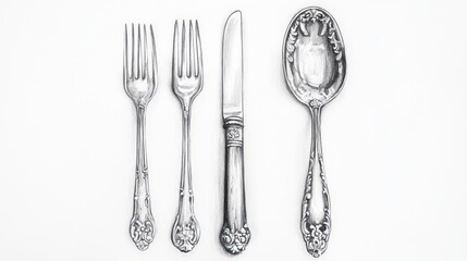 Antique silverware set on white background