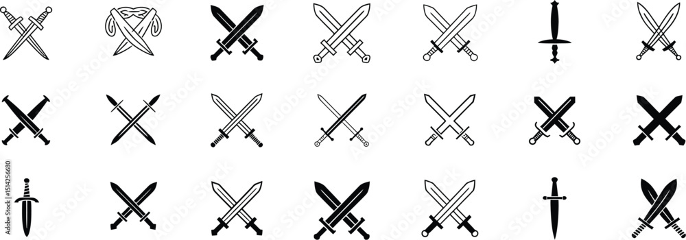 Poster a collection of various sword designs arranged in a grid pattern on a white background display