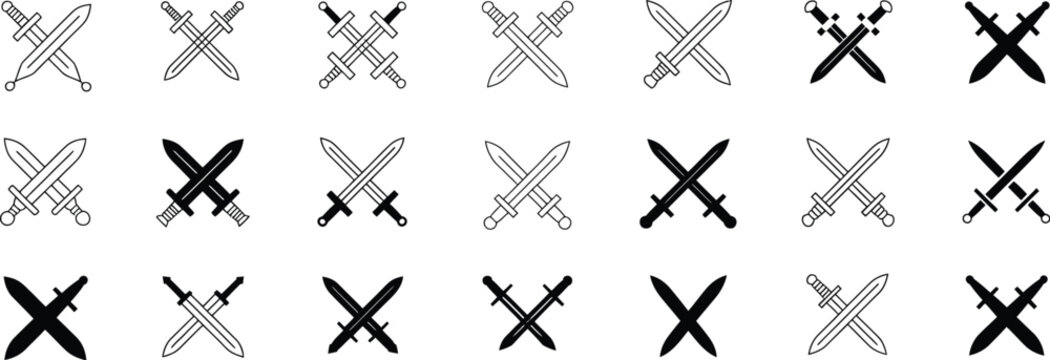 A grid of eighteen crossed sword icons in black and white showing various styles and designs of blades